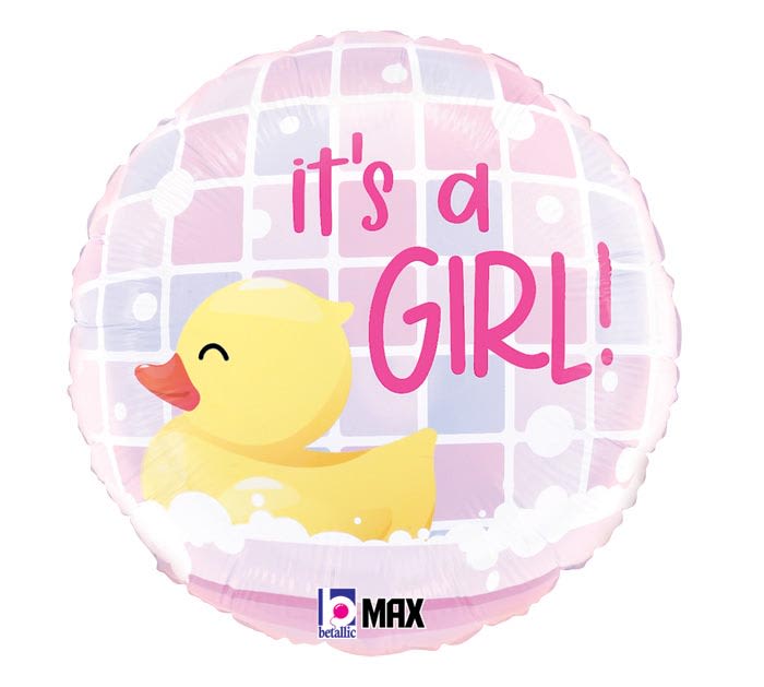 Round pink balloon with a yellow rubber duck and the phrase "it's a girl!" in bold letters.