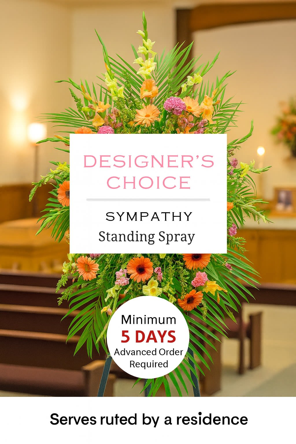 Watanabe Floral Award Winner's Designer's Choice (Sympathy, Standing Spray - 20% Above Value!) - Our amazing design team will create a custom Sympathy standing spray wreath with the best seasonal flowers befitting of the service. Each arrangement is crafted to be 20% above value, ensuring a beautiful and heartfelt tribute. Please note that a minimum of 5 days' advanced notice is required to ensure the flowers can be properly staged for quality results. (Not as shown)  Color and flower-specific requests will not be accommodated - Designer's Choice arrangements are made using the flowers readily available in-store and at the discretion of our design team.   Key Features:  Custom Design: Each wreath is uniquely crafted by our talented design team, using the best seasonal flowers available.  High-Quality Arrangement: Ensures that the wreath will be a stunning and meaningful tribute, designed specifically for the service.  Above Value: Arrangements are made to be 20% above value, offering exceptional quality and beauty.  Elegant Presentation: Perfect for memorials, celebrations of life, or any event where a beautiful tribute is desired.  Advanced Notice Required: A minimum of 5 days' notice is needed to ensure the flowers can be staged for the best quality results.  Celebrate and honor the memory of a loved one with our Custom Sympathy Standing Spray Wreath, a beautiful and meaningful tribute created with care and attention to detail.