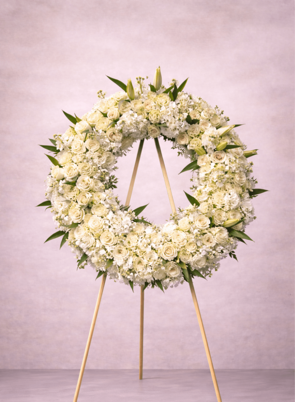 Large white floral wreath on a wooden easel against a soft neutral background