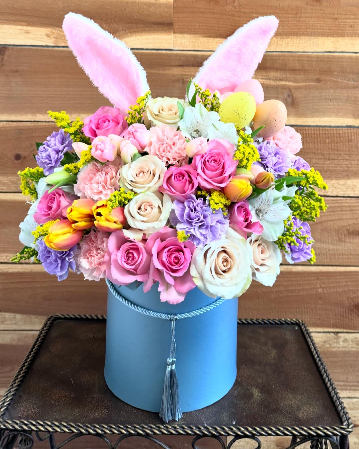 Easter bunny bouquet - Spring flowers in a hat flower box with bunny ears. 