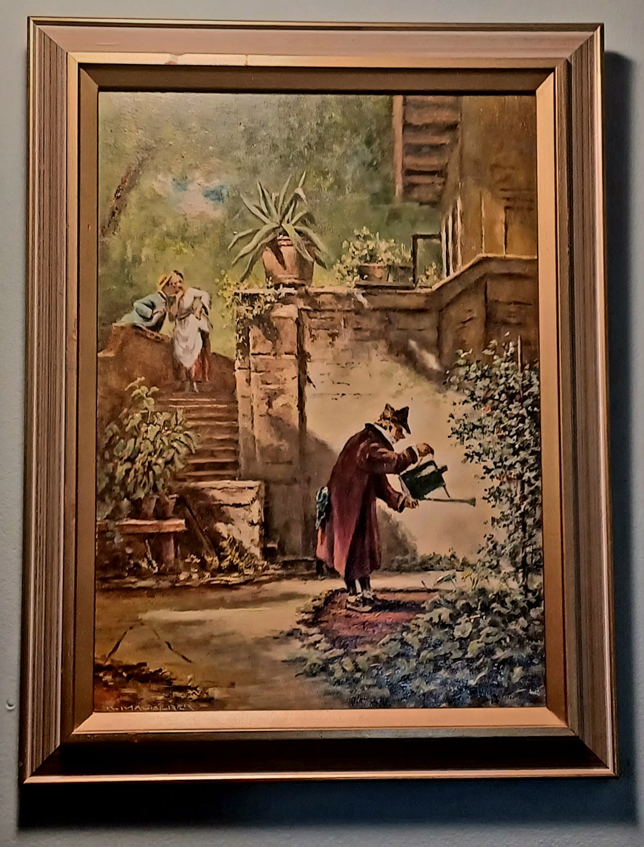 Mid-Century German Genre Oil Paintings in Original Syroco Gold Frames - This set is a quintessential example of mid-century "European Export Art," curated for the American market and housed in their original, high-relief ornate gold frames from the historic Syracuse Moulding Company (a division of the renowned Syracuse Ornamental Company/Syroco.  Unlike single decorative pieces, these three paintings form a cohesive story set in a lush "Old World" European garden.  The artist, K. Mauderer, demonstrates a mastery of a German Genre style, which romanticizes everyday village life with realistic detail.   