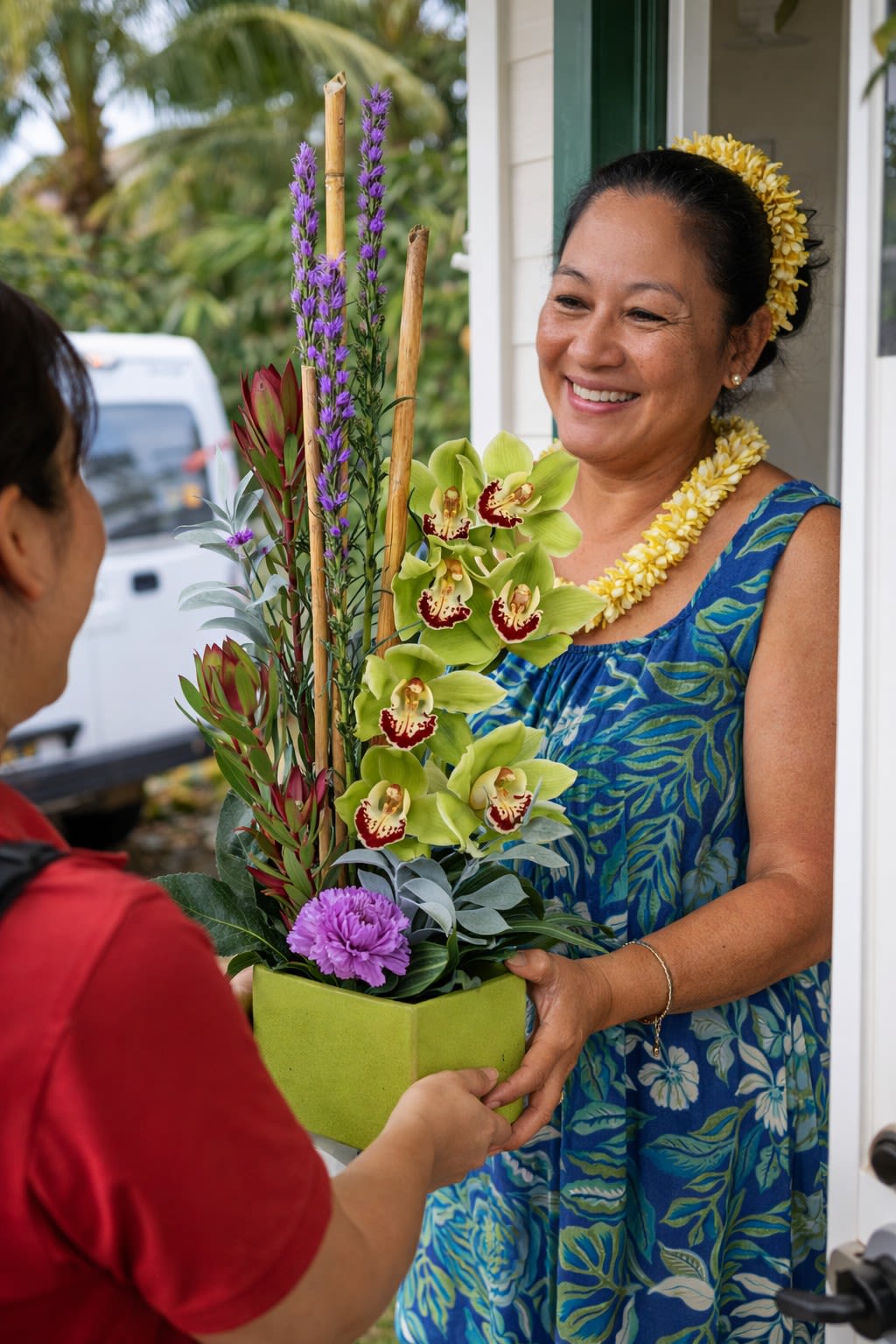 Exotic Grace of Mom  - Featuring the stunning Cymbidium Orchid, this stylish arrangement is sure to bring a smile to Mom’s face! With its elegant beauty and sophisticated design, this orchid arrangement is perfect for adding a touch of grace to any space, whether in the home or office.  Key Features: Stunning Cymbidium Orchids: Known for their exotic beauty and long-lasting blooms. Sophisticated and Stylish Design: Adds a touch of elegance and refinement to any setting. Perfect for Home or Office: Ideal for brightening up living rooms, workspaces, or even a desk. Thoughtful Gift: A timeless gift that will delight Mom on special occasions or just because. Long-Lasting: Cymbidium orchids are known for their longevity, offering lasting beauty.