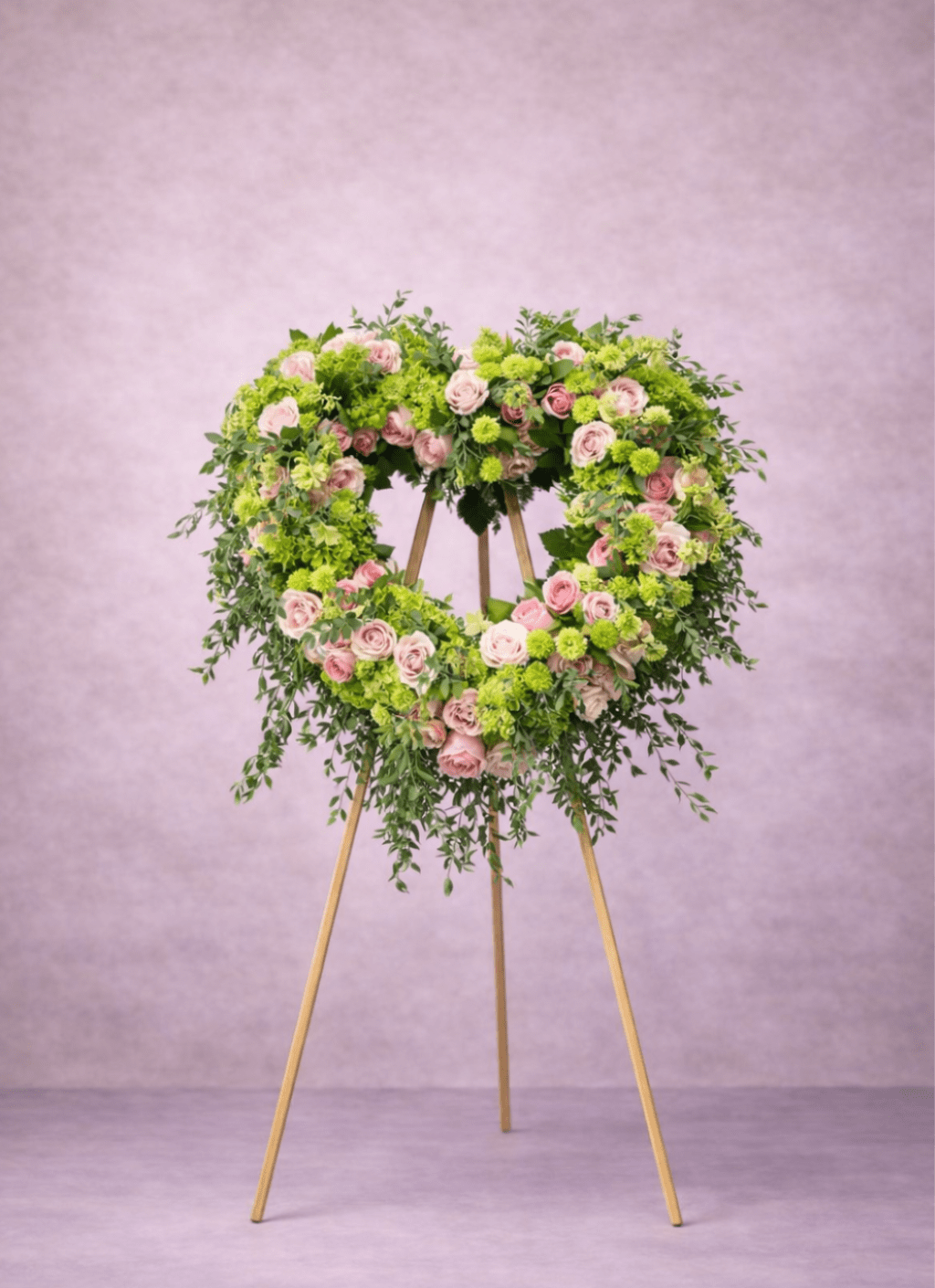 Heart-shaped standing wreath of pink roses and green flowers on a wooden easel