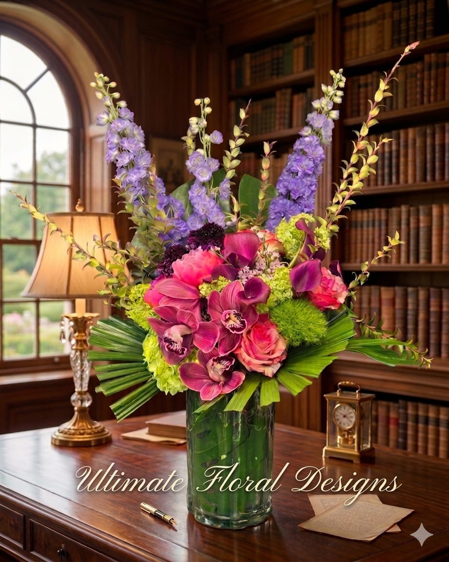 Vibrant Orchid &amp; Delphinium Majesty - A commanding and sophisticated display of natural beauty, this one-of-a-side arrangement is designed to impress. The design features a striking backdrop of tall, spire-like blue-purple Delphiniums and vibrant, arcing foliage. The heart of the arrangement is composed of rich fuchsia-pink Cymbidium orchids, magenta calla lilies, and bicolor garden roses. These luxurious blooms are nestled against textured green Dianthus and Standard Hydrangea, all elegantly displayed within a clear glass vase lined with a fresh tropical monstera leaf.  Perfect for making a statement as a grand centerpiece, a sophisticated congratulations gift, or a corporate display.