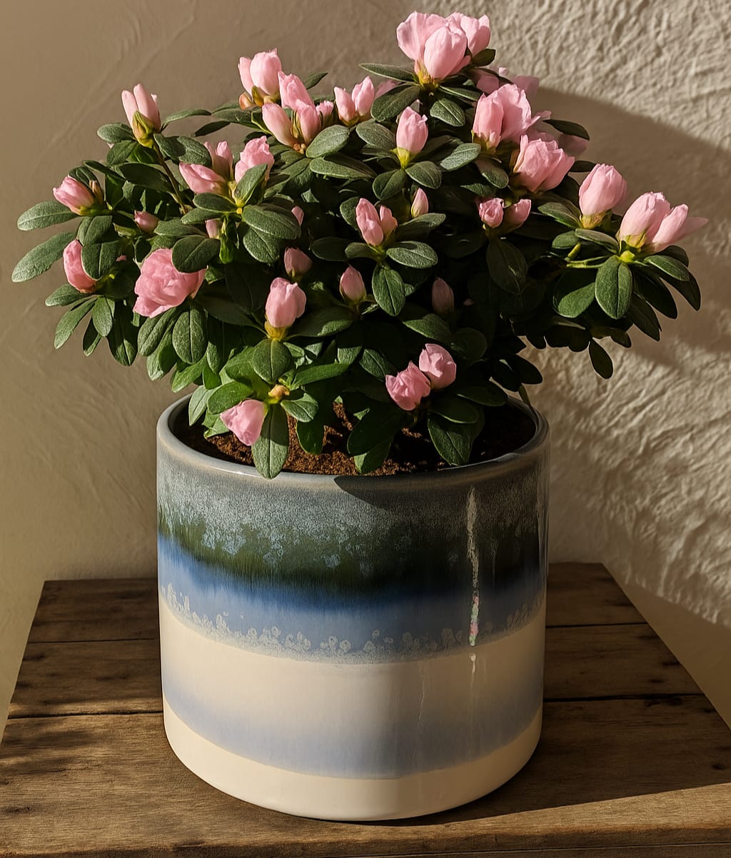 Potted plant with many small pink blooms in a blue and cream ceramic pot.