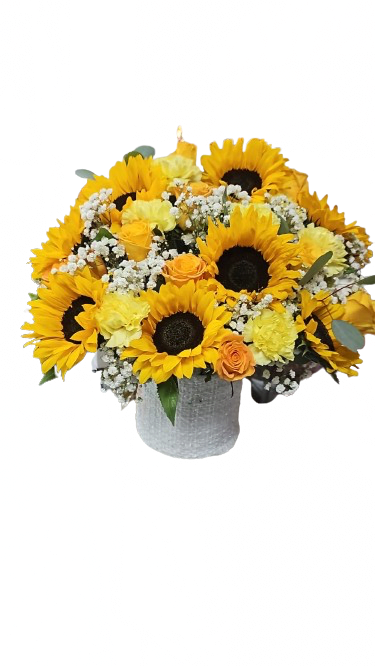 Round arrangement of sunflowers, yellow carnations, and orange roses with baby's breath in a white textured vase