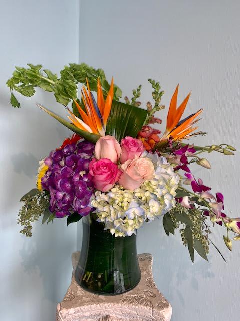 Tall mixed arrangement with birds of paradise, roses, hydrangeas, and orchids in a green-lined clear glass vase.