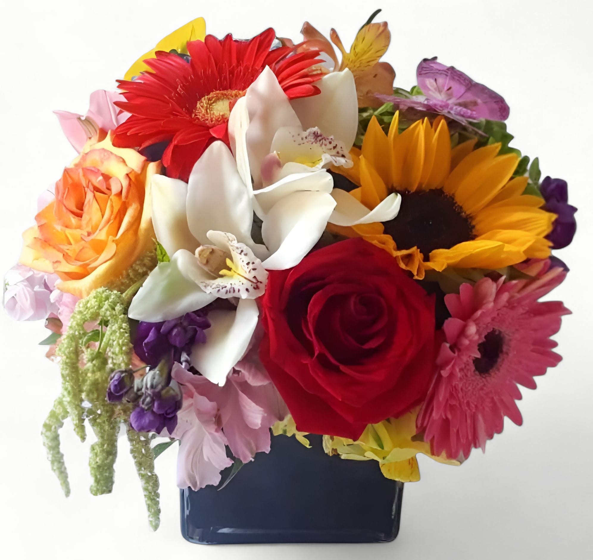 Bright mixed arrangement with roses, orchids, sunflowers, and gerberas in a dark cube vase