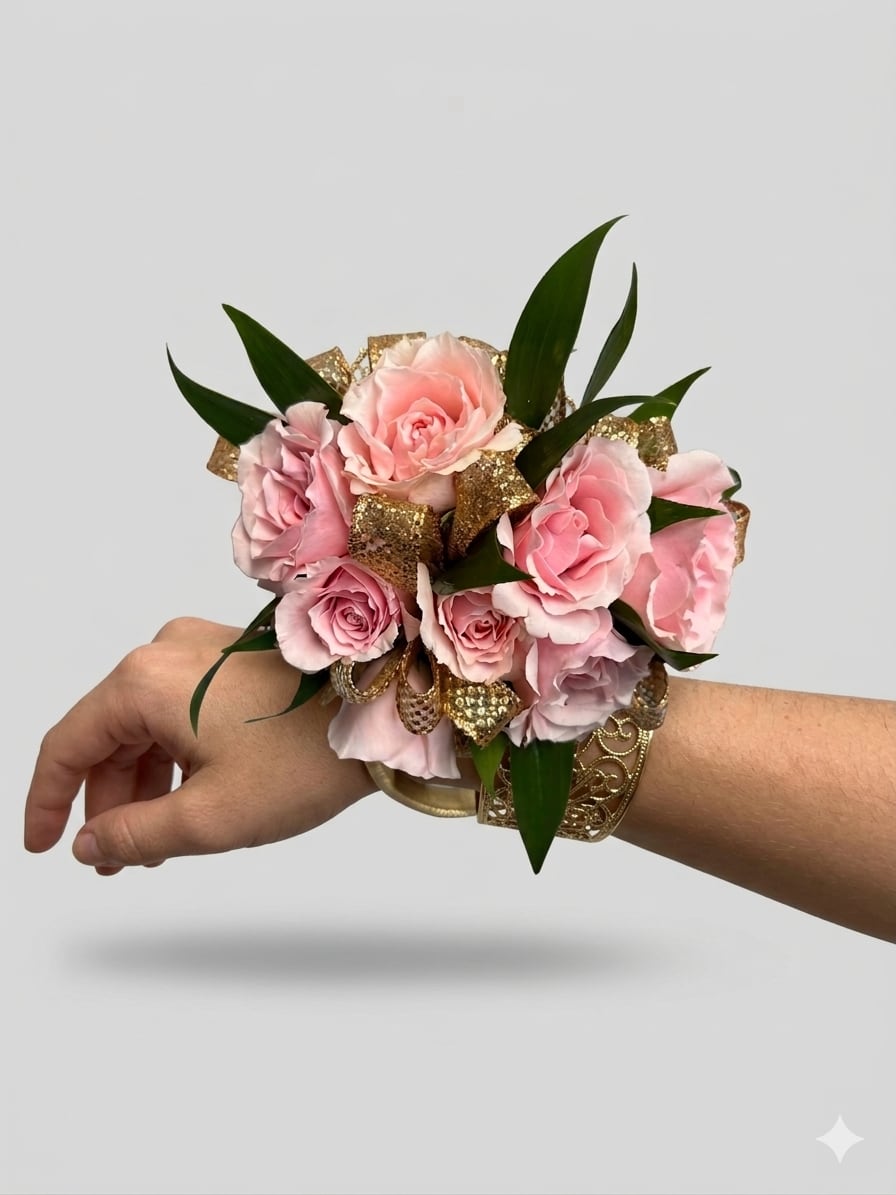 Corsage in pink - This corsage features light pink spray roses and a gold ribbon. Please keep in mind that you can change the ribbon color by letting us know your preference in the notes.