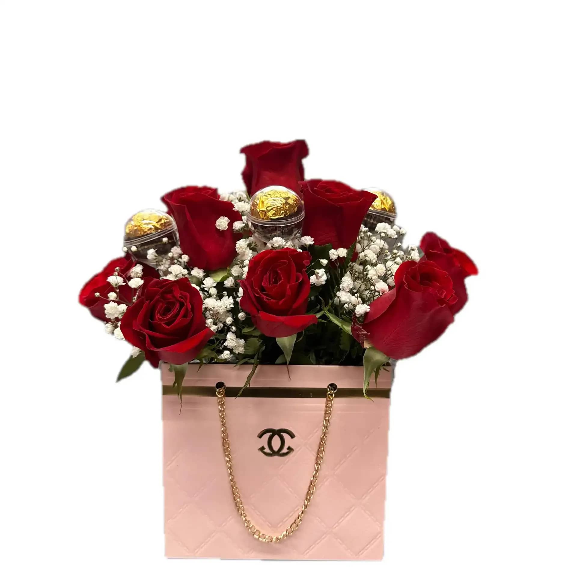 FLOWER BAG PINK RED ROSES CHOCO - 10 RED ROSES  5 FERRO ROCHER  PINK BAG ( THE LOGO WILL DIFFER DEPENDING ON SUPPLY)
