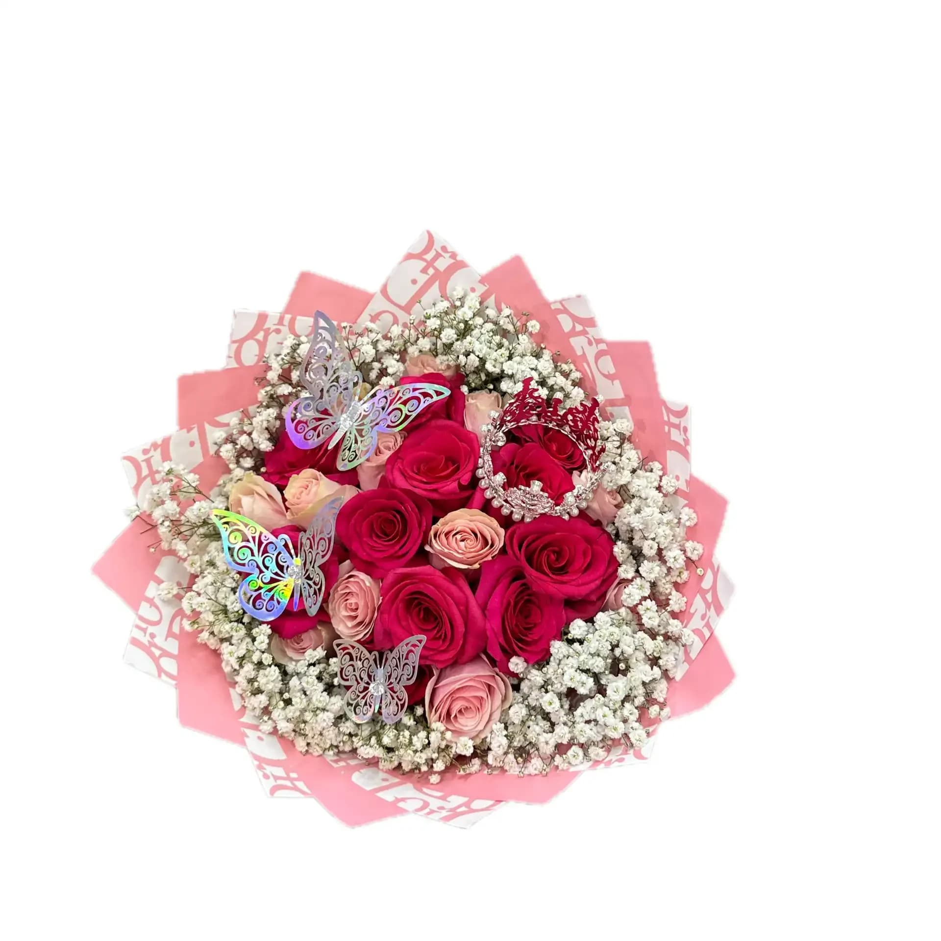 PINK DELIGHT - 25 HOT PINK ROSES AND LIGHT PINK ROSES PINK PAPER (THE DESIGN OF PAPER WILL VARY DEPENDING ON SUPPLY) BABYBREATH 3 SLIVER BUTTERFLIES SLIVER CROWN SMALL