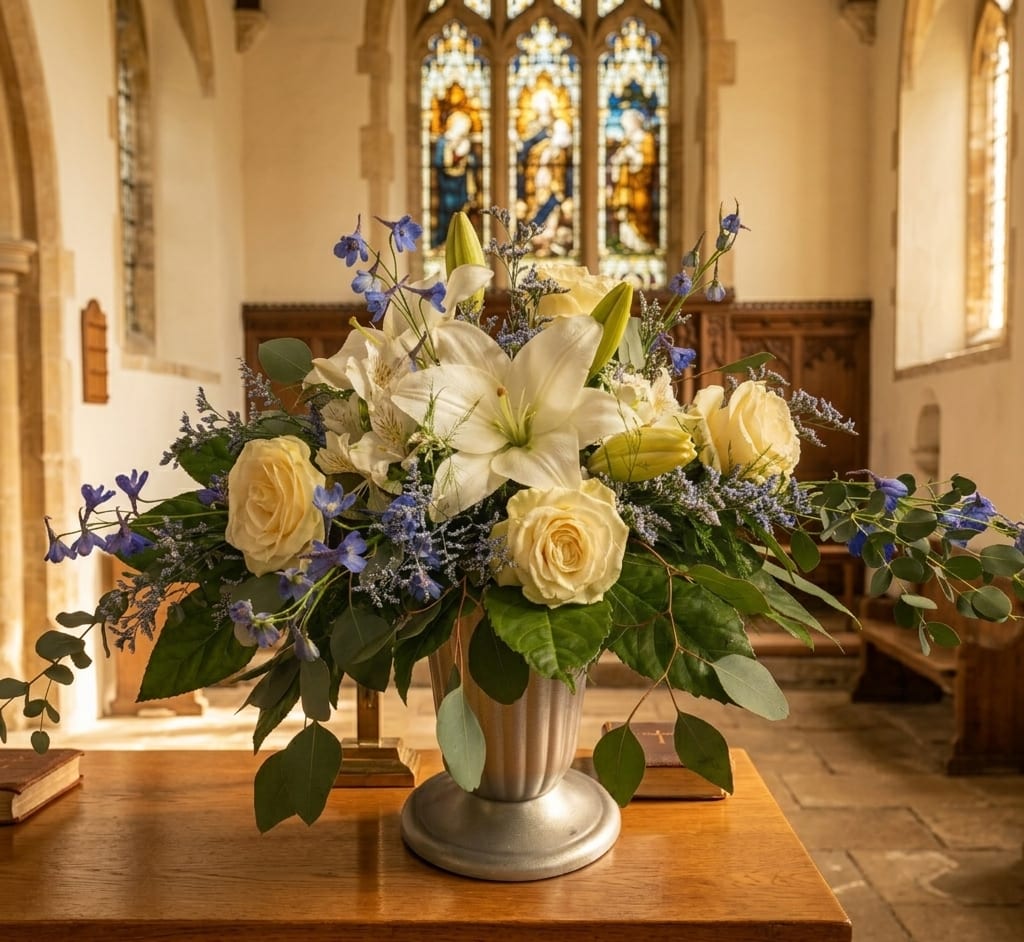 Arrangement of white lilies, cream roses, and blue flowers in a silver urn on a wooden table in a church.