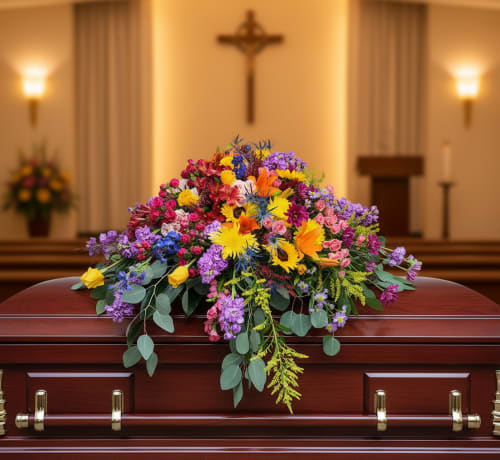 Bright mixed floral casket spray in vivid colors on a polished wood casket
