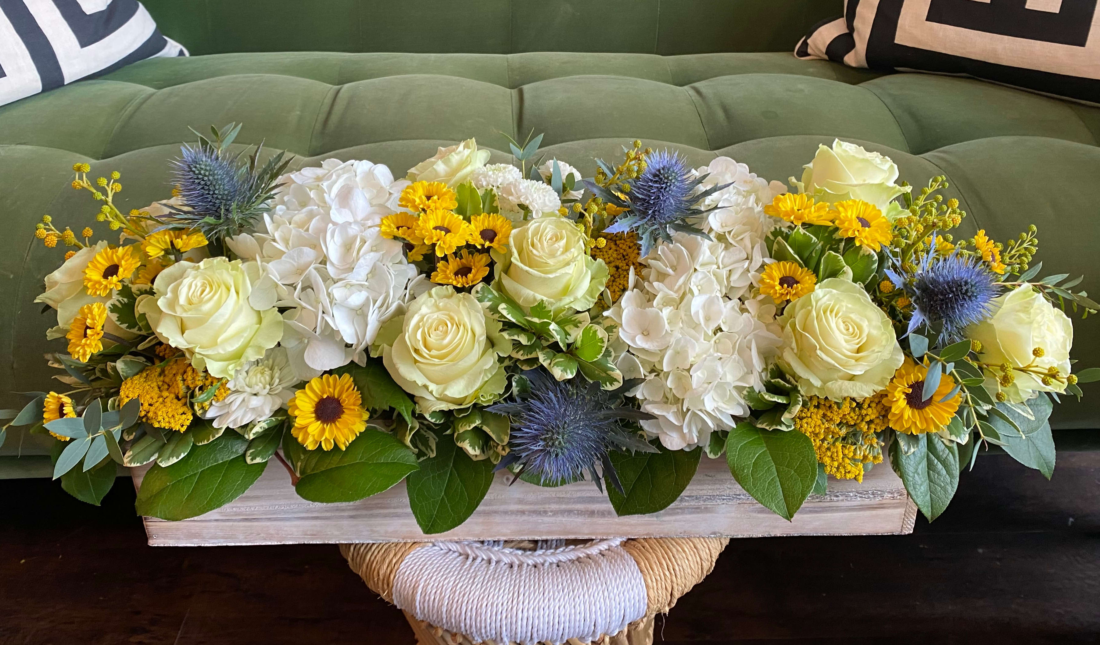 Custom Seasonal LONG AND LOW Floral Boxes 12" or 20" - Seasonal Floral Boxes available in 12” and 20” long and 6” wide dramatic centerpiece in wood box with seasonal hearty florals that will last a week with watering.  Please leave any specific instructions and color choices at checkout.     