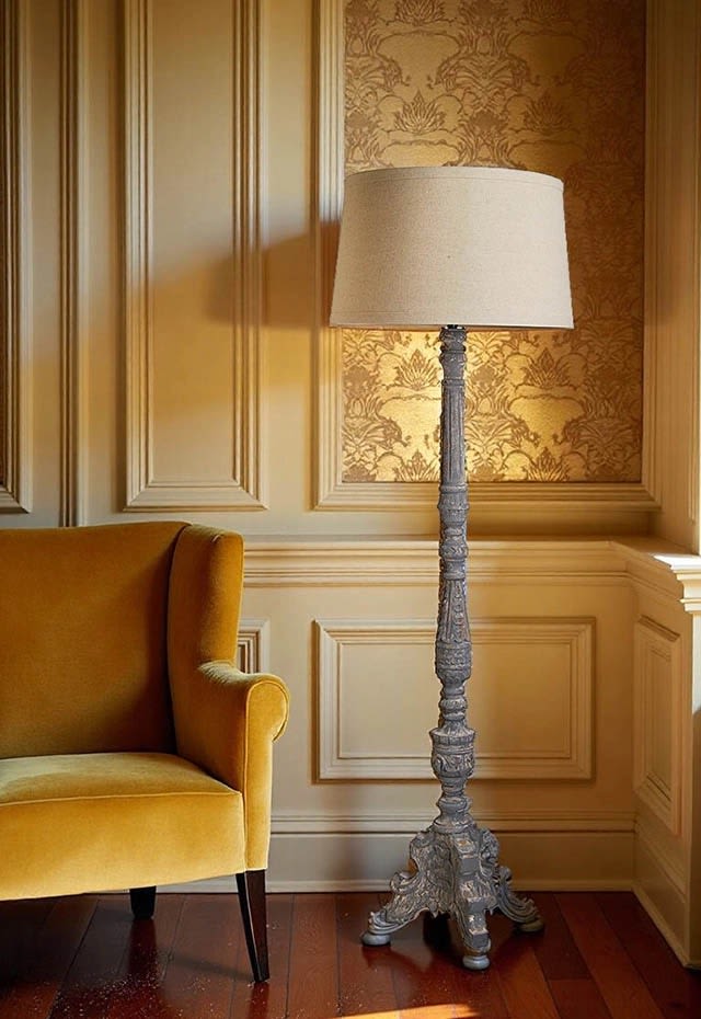 Vintage Style Antique Reproduction Wood Floor Lamp - Special order only for pick up or delivery. (6-7 days)  Carved Wood Floor Lamp with light grey/cream distressed finish.Crafted from distressed wood bases in a rustic farmhouse style, these shabby chic pieces offer versatile silhouettes and weathered finishes for authentic retro charm.