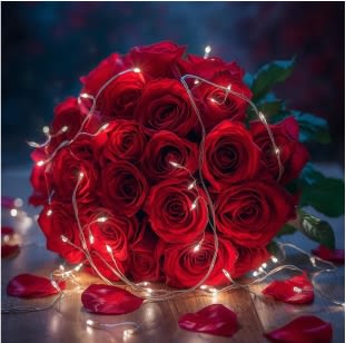 Round bouquet of red roses wrapped in string lights with scattered rose petals.
