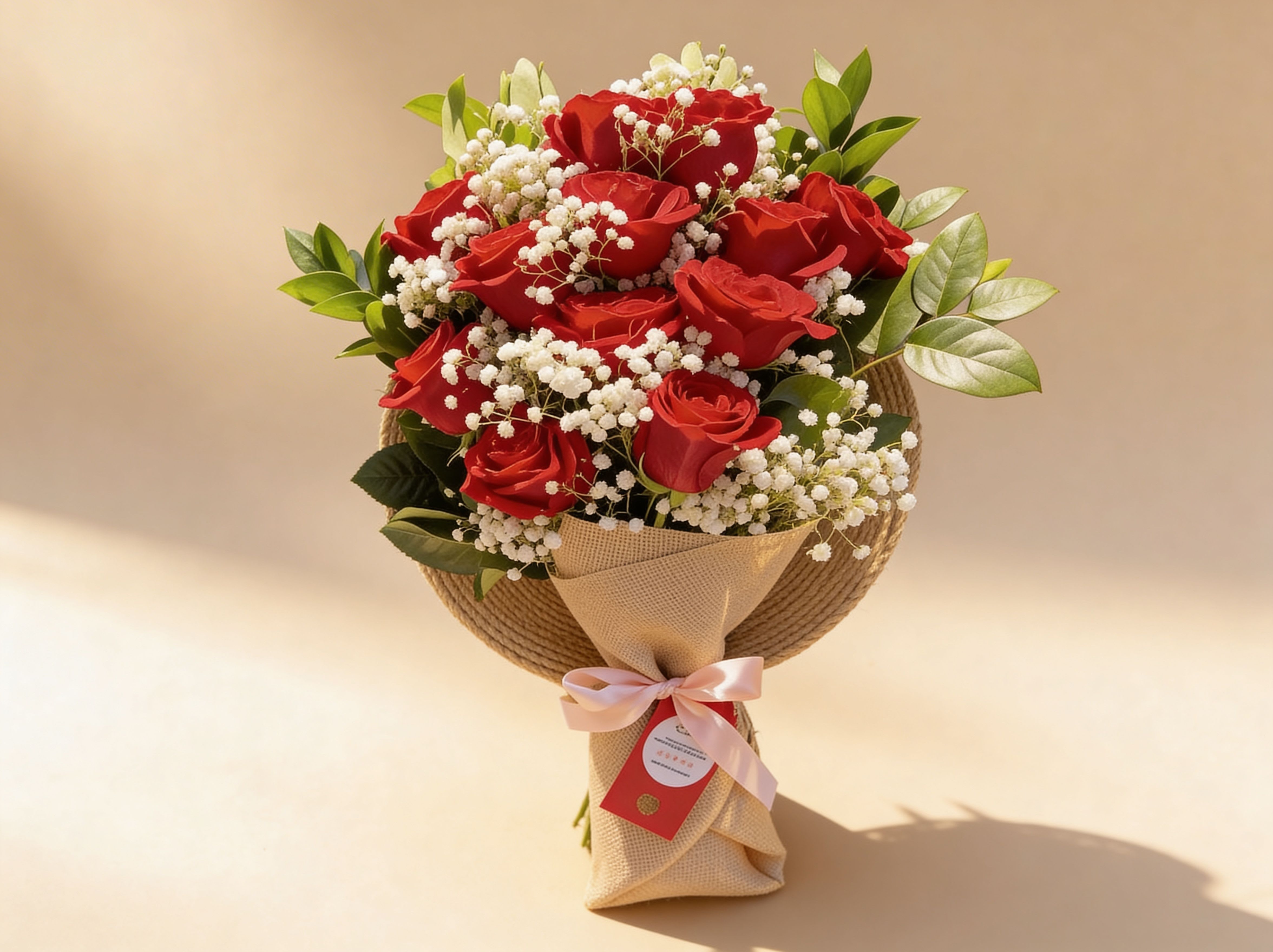 Hand-tied bouquet of red roses and white filler flowers in a tan wrap with ribbon.