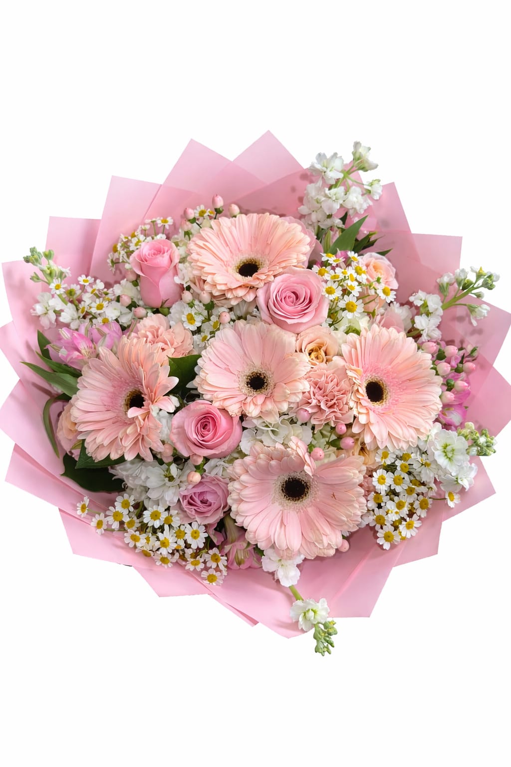 Blush and Bloom - A soft and elegant bouquet featuring lush, hydrangeas, delicate roses, and gerbera daisies, beautiful blush stones.Designed with premium blooms and wrap for a full romantic look perfect for any special occasion.