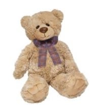 Tan plush teddy bear with a purple plaid scarf sitting against a white background.