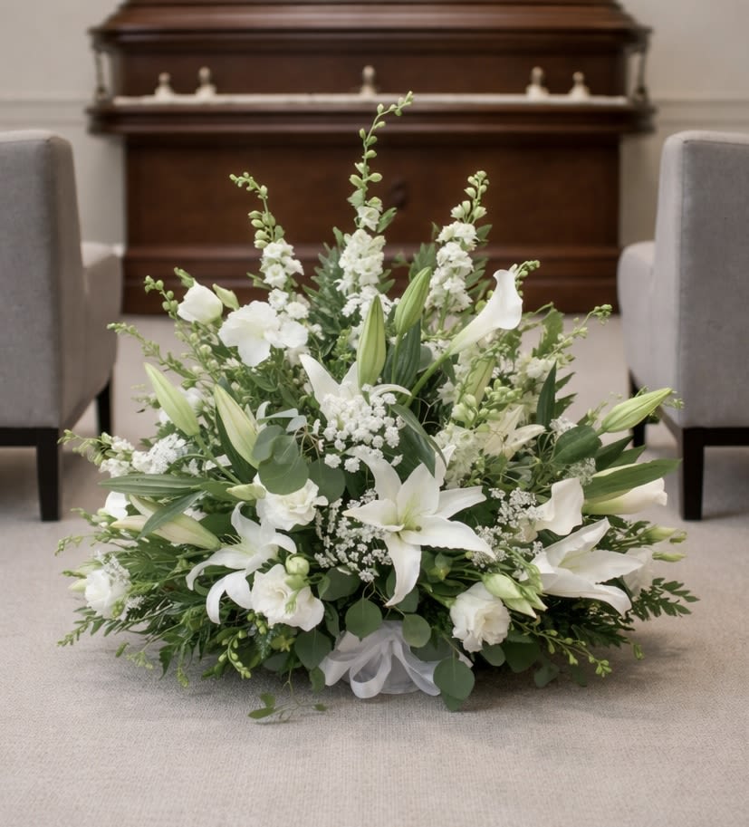 Heavenly Peace - An elegant all white arrangement will bring comfort to a bereaved family and let them know they are in your deepest thoughts.
