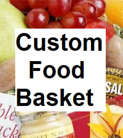 Custom food gift basket with fresh fruit and packaged snacks behind bold 'Custom Food Basket' text.
