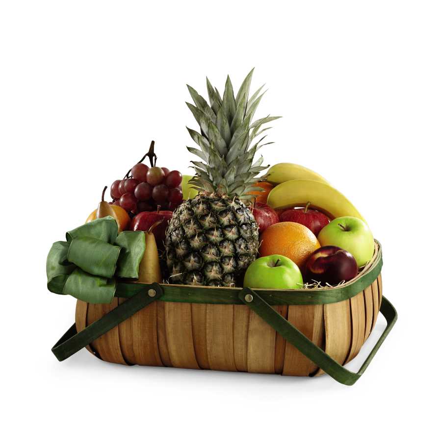 Wooden basket filled with assorted fresh fruits including pineapple, bananas, and apples
