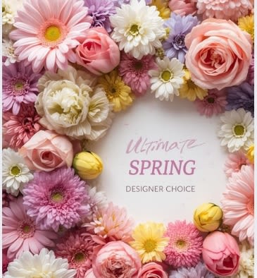 Ultimate Spring Designer's Choice - Wow everyone with this Ultimate Spring themed designer's choice is our freshest selection of premium pastel flowers. A lovingly crafted bow will adorn your flower arrangement. This comes in 3 sized.