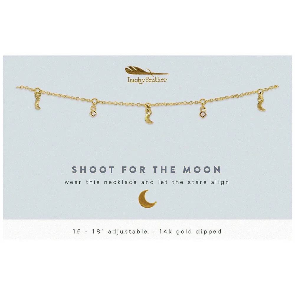 Shoot For The Moon Necklace - More is definitely merrier on this 14k gold plated 'Shoot for the Moon' Dangle Necklace. This need-it-now necklace is the perfect gift for anyone who believes that the stars will align - a birthday girl, a best friend, or yourself!  MORE ABOUT THE COLLECTION  Chain is adjustable 16-18" and necklace is 14k gold-plated