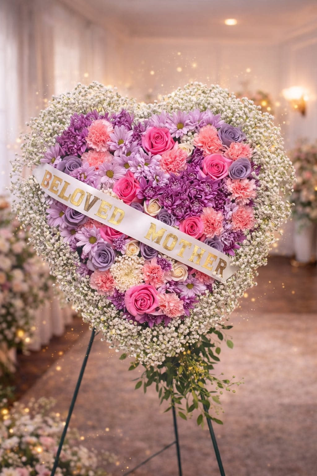 Heart of Eternal Love - A densely packed heart-shaped standing tribute in soft pinks, lavender and cream-designed to honor a beloved mother with quiet grace. This memorial flower arrangement for Memorial Day, funerals, or a remembrance gathering places roses, carnations and daisy-style chrysanthemums at the center so the person you're remembering feels wrapped in gentle color and thoughtful attention.  Cream, peach and lavender blooms form the core, edged with a halo of delicate white filler that softens the heart's outline and adds a tender, cloud-like texture. The piece is finished with a white satin-style memorial ribbon bearing gold lettering reading "Beloved Mother," and is mounted on a sturdy green metal easel for dignified presentation.  Made to convey sympathy and lasting love, this standing heart is the kind of tribute that lets family and friends see how deeply she was cherished. Suitable for placement at a service or remembrance display; handle gently and keep in a cool, shaded spot until presentation to preserve freshness.