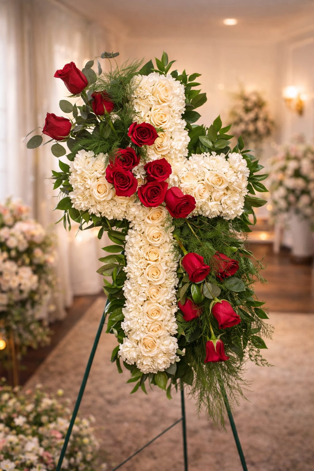 Farewell Cross - A sculpted standing sympathy cross that reads as a quiet, reverent tribute-perfect for a funeral or memorial service. The cream-white roses and carnations are arranged densely for a solid, sculpted silhouette, while clusters of rich red roses gather near the center and cascade down one side, so the person you're honoring is marked with both purity and heartfelt color.  A lush collar of green foliage frames the cross and trails along the right side, adding depth and natural movement to the design. The arrangement is shown mounted on a tall metal easel for prominent display at a service or graveside, creating a comforting focal point that feels both traditional and lovingly crafted.  Choose this cross to convey sympathy and respect at religious services, memorials, or when words fall short-the colors and form say "we remember" with dignity. Designed for immediate display on the included easel; keep the flowers in a cool, sheltered place before the service to preserve freshness.
