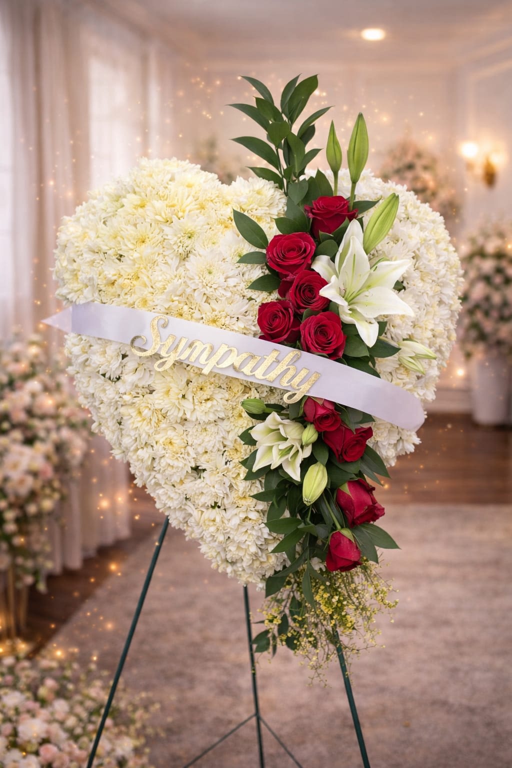 Farewell from the Heart - A large heart-shaped standing spray of white chrysanthemums offers a quiet, heartfelt expression of sympathy for a funeral or memorial service. The arrangement reads as a condolence heart, designed to comfort the person you're honoring and the family gathered to remember them.  Tightly clustered white chrysanthemums form the soft, full background while a vertical cascade of red roses and white lilies runs down one side, creating a striking contrast of color and texture. The red roses add warmth and respect, the lilies bring a classic, graceful note, and touches of green foliage lift the composition. The piece is presented on a tall metal easel and finished with a white ribbon bearing raised gold "Sympathy" lettering, giving it a dignified, formal presence.  Choose this standing heart to send to a funeral home or graveside service when you want the bereaved to feel genuinely seen and supported. As a large spray on an easel, it's sized to be a focal tribute; please confirm delivery timing with the funeral home so the arrangement arrives before services.