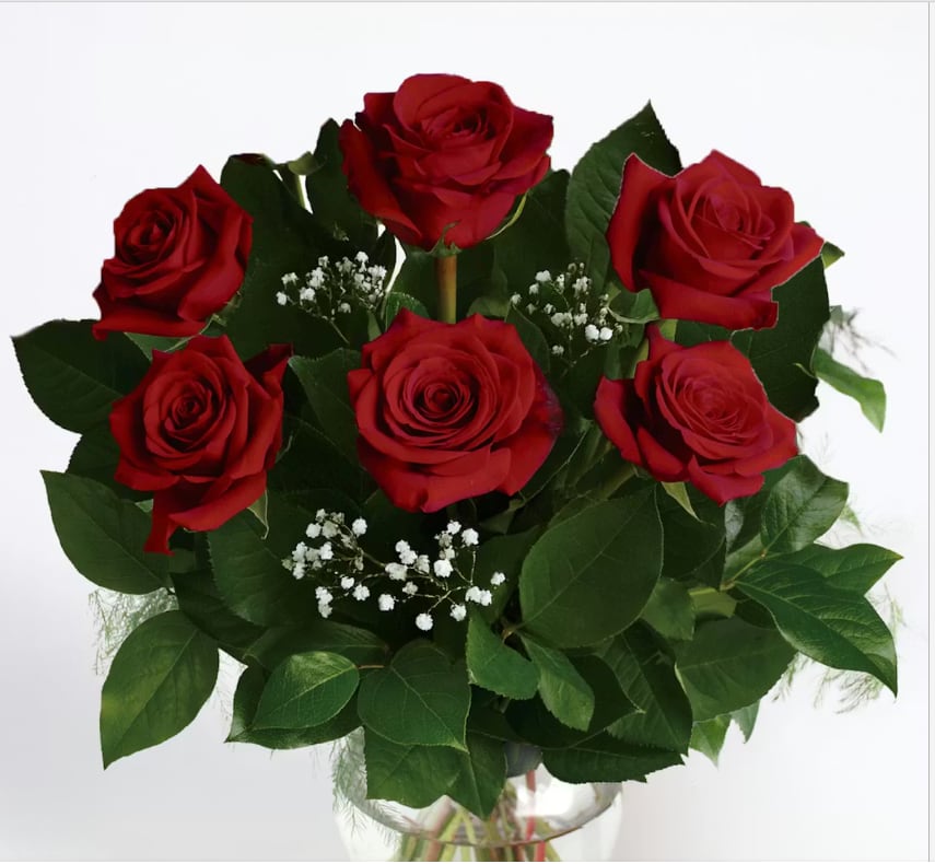 Classic Six Red Roses - Six rich red roses arranged in a tight, rounded cluster create an instantly romantic centerpiece-perfect as an anniversary bouquet or for moments of love and romance. The open, layered petals of each rose read as classic and heartfelt, making this arrangement an easy choice for birthdays, Valentine's Day, a thoughtful "thinking of you," or a sincere "I'm sorry" gesture that will make the person you're sending it to feel truly seen.  The six deep red roses are nestled with small white filler flowers that add bright contrast and delicate texture, all framed by a full collar of dark green foliage for lush depth. Stems are gathered in a simple clear glass vase that keeps the focus on the blooms and fits easily into home or office settings. Order as shown for a timeless, low-fuss gift that arrives ready to display; regular fresh water and trimming the stems every few days will help maintain the bouquet's beauty.