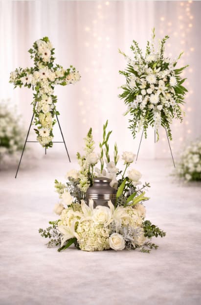 Heavenly Peace Collection - A serene multi-piece sympathy set designed for memorial and cremation services, centered on a metal cremation urn cradled by a low ring of white flowers. This sympathy arrangement and standing sprays bring a calm, reverent presence to a service-an appropriate tribute for funeral, memorial, or celebration-of-life occasions that lets the person you're honoring rest surrounded by gentle white blooms.  The urn surround is arranged densely with white roses, lilies, hydrangeas, chrysanthemums, gerbera daisies, and snapdragons to create a soft, cushion-like bed that reads pure and comforting from every angle. Two tall easel pieces stand behind: a fully flower-covered cross on one side and a traditional standing spray on the other, where lush green foliage provides vertical contrast and texture. The palette of white with touches of green keeps the focus respectful and understated while the variety of flower shapes-round hydrangea clusters, sculpted lilies, and upright snapdragons-adds depth and visual interest.  Designed to comfort the grieving and honor the life remembered, this grouping is intended for placement at the front of a chapel or beside a casket or urn table so attendees can clearly see the tribute. The metal urn and metal easel stands provide sturdy support for the floral pieces; if you need help with delivery timing, placement, or personalization (ribbon colors or a message card), we can assist to ensure the display suits the service and the person you're commemorating.