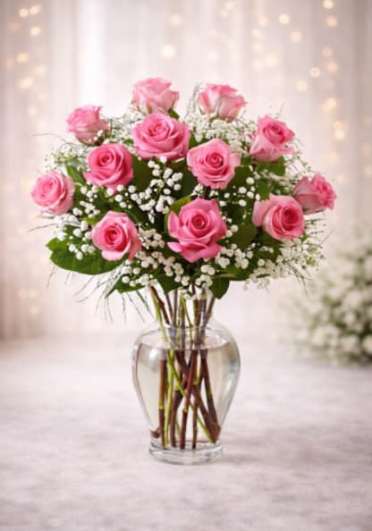 Blush Rose Serenity - A dozen-plus medium pink roses gathered in a rounded, classic shape create the first impression-perfect for an anniversary bouquet, Valentine's Day gift, birthday surprise, or any moment when you want to say "I adore you." The pink and white palette reads soft and romantic, so the person you're thinking of will feel noticed and treasured the moment these blooms arrive.  Clusters of small white filler flowers are woven among the roses to add airy texture and gentle contrast, while the stems are neatly gathered in a clear glass vase filled with water for a clean, traditional presentation. The arrangement's size and shape make it an easy centerpiece for a dining table or a heartfelt bedside surprise; the vase is ready to display and keeps care simple-fresh water, a cool spot out of direct sunlight, and a light trim to stems every few days will help extend bloom life.  Ideal for expressing affection, celebrating a milestone, or saying "I'm thinking of you," this arrangement offers classic rose elegance without fuss. Order with delivery timing that matches the occasion so the recipient opens these fragrant pink roses at just the right moment.