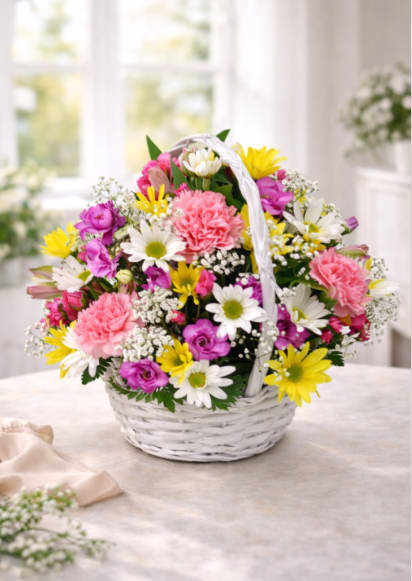 Colorful flower arrangement in wicker basket - A bright, cheerful arrangement of mixed carnations, daisies, chrysanthemums, lisianthus and alstroemeria presented in a white wicker basket-perfect as a birthday bouquet, a get-well gift, or just because to brighten someone's day. The rounded, dome-like composition reads playful and generous at a glance, so the person you're thinking of will feel genuinely celebrated the moment it arrives.  Soft pink carnations and white and yellow daisy-style blooms mingle with small purple accents for a springlike, uplifting palette that contrasts beautifully with the light wicker. The flowers are densely arranged for a full, abundant look; a white ribbon tied on the basket handle adds a gentle, casual finish. The basket includes a handle for easy carrying and sits neatly on a table, mantel, or bedside to lift a room with color and texture.
