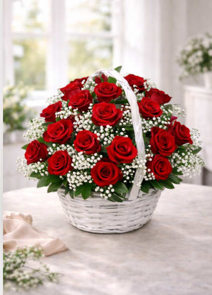 Crimson Elegance Basket - A lush dome of red roses paired with delicate white filler flowers creates the kind of romantic, timeless statement that makes someone feel deeply cherished - perfect as an anniversary roses arrangement or a heartfelt birthday bouquet. The compact Crimson Elegance Basket reads bold and intimate at once: the saturated red blooms pop against crisp white accents and the painted white wicker basket, so the person you're surprising will immediately feel celebrated and seen.  Carefully arranged in a low, rounded shape, the roses sit tightly clustered for a full, symmetrical silhouette that works beautifully on a table or countertop. Small clusters of tiny white filler flowers weave through the roses to add texture and a sparkling contrast, while the white wicker basket with a curved handle gives a classic cottage-style finish. Sized to fit comfortably in small spaces, this arrangement is ideal for expressing affection, marking anniversaries, or offering an elegant everyday gift; keep flowers in fresh water and away from direct heat for longest enjoyment.