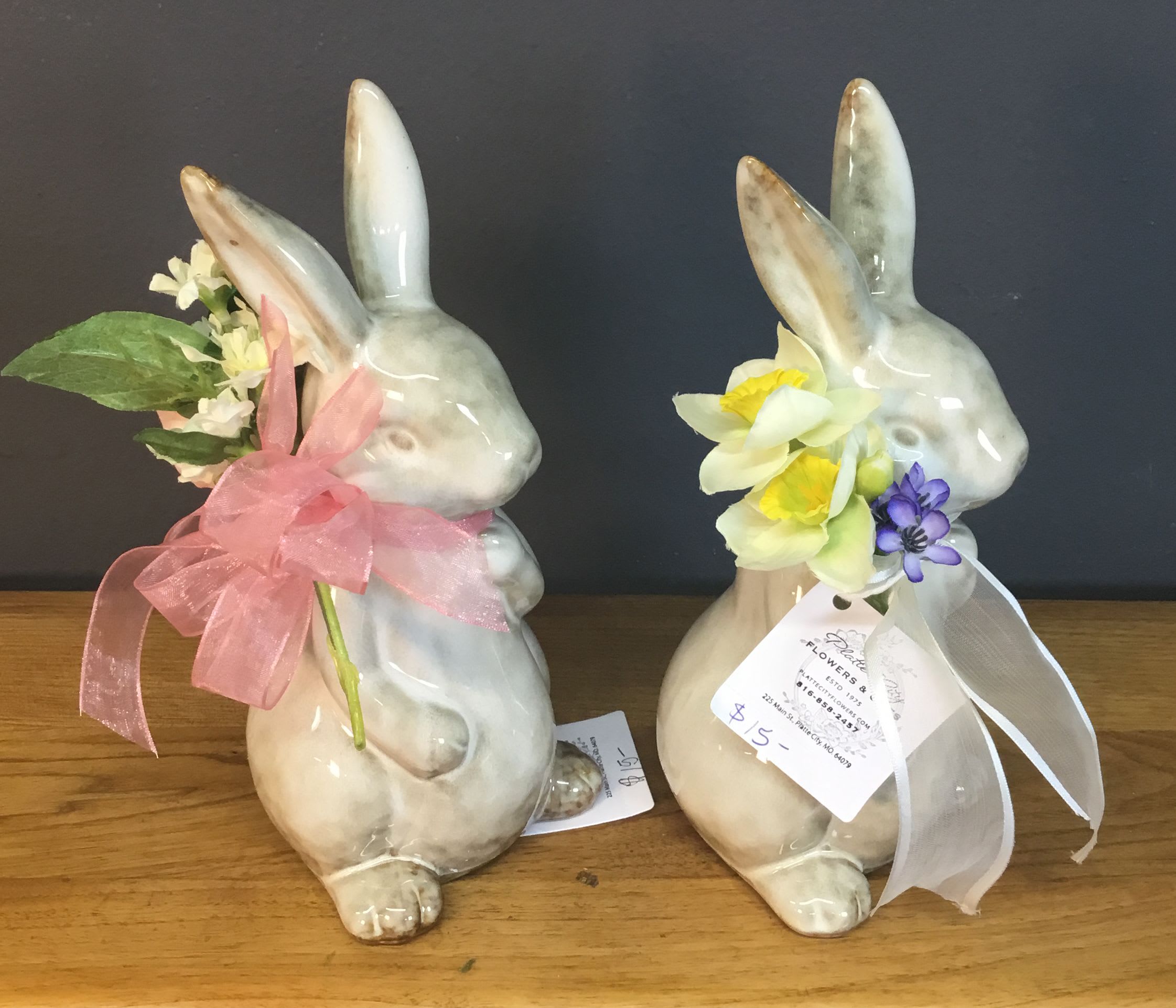 Ceramic Rabbit - Cute for a Dish Garden or enhance your Floral Centepiece. Ceramic Rabbits embelished with ribbon and floral. 7" tall. 
