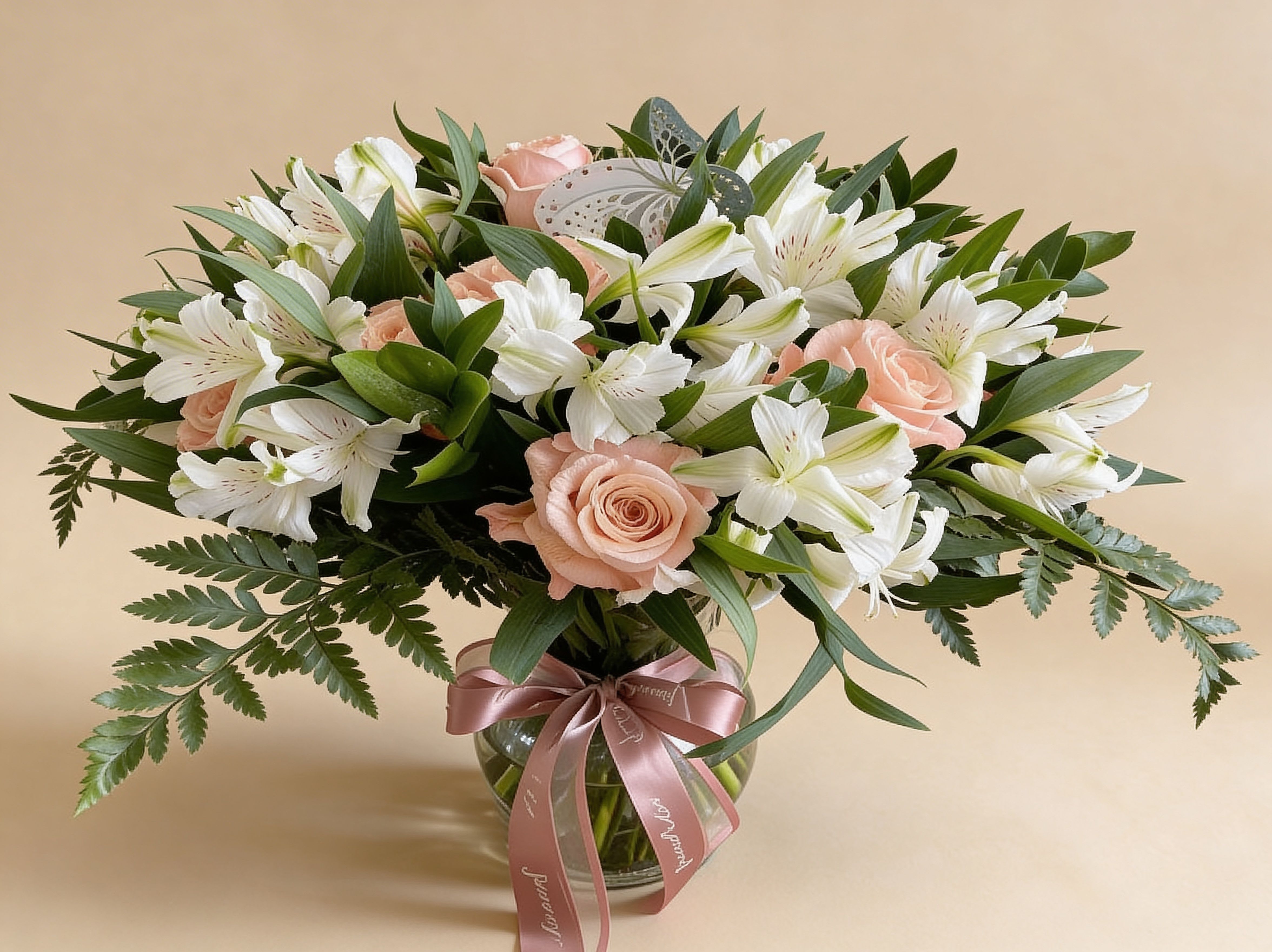 Round vase arrangement of peach roses and white alstroemeria with a pink ribbon bow.