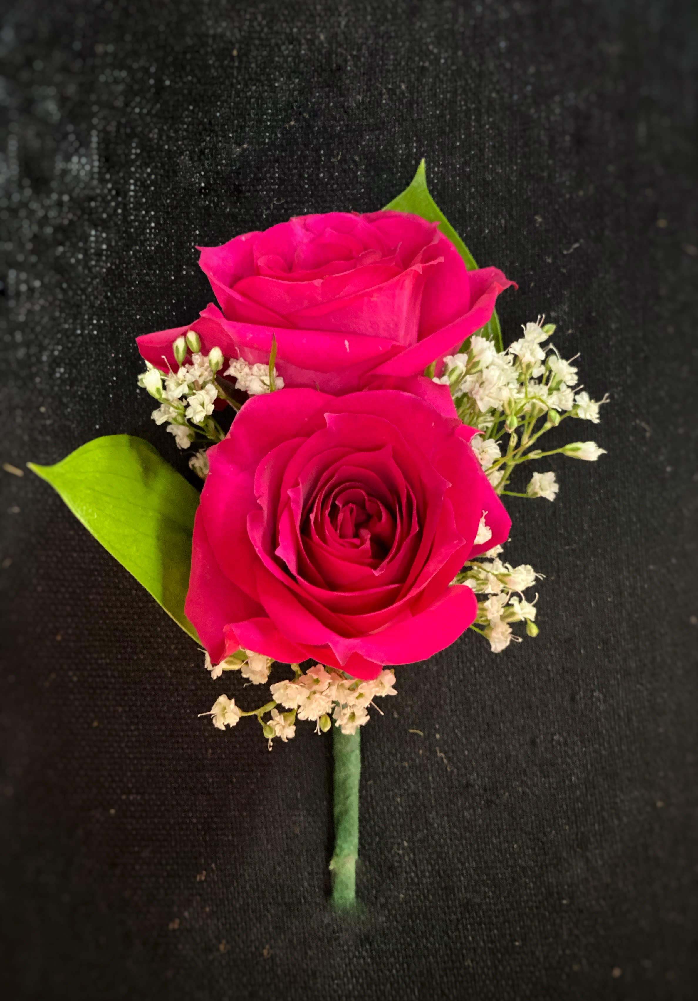 Small boutonniere with two hot pink roses and white filler flowers on a black background