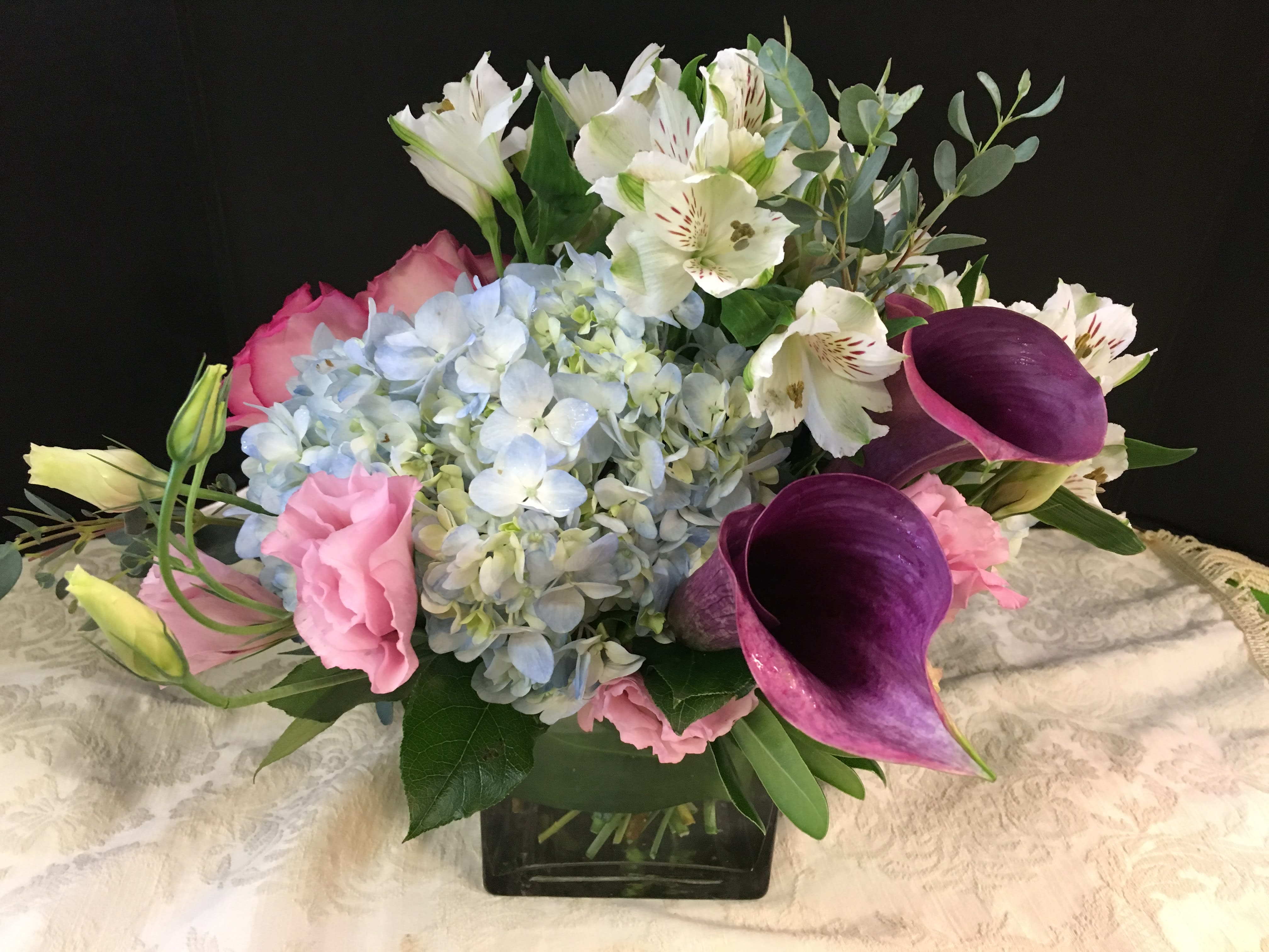 "THANK YOU" ARRANGEMENT - HYDRANGEA,  ROSES, CALLA-LILIES, ALSTROMERIA, LISIANTHUS, FANCY GREENS May Not Be able to do Same Day Delivery  Call 908-234-2900 for Availability 