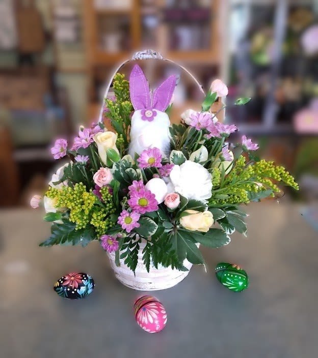 Hopper The Hunt Happy Gnome ~ Flower A Day - Hopper the gnome nestled among spring blooms with mixed seasonal flowers and foliage! A cute addition to anyEaster table.