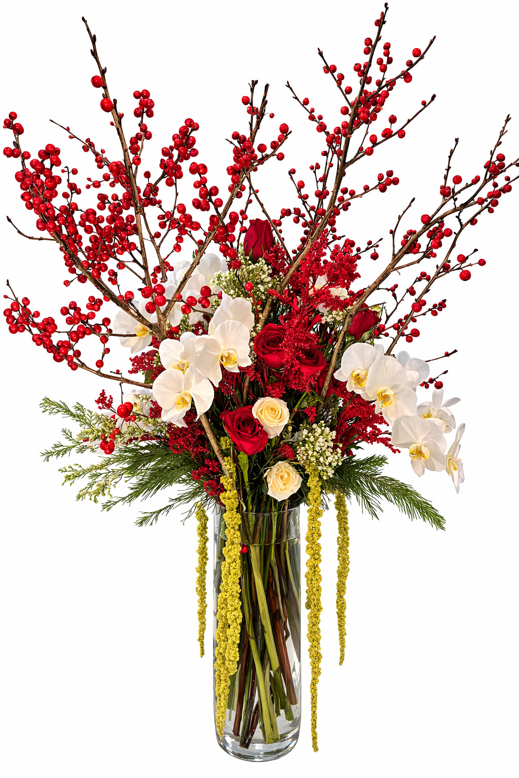 Asian explosion - Impressive large display, Berries may vary for branches depending on ,size is approximately 50 inches high and 35-40 inches wide. 18 mixed roses (white and red.) five orchid stems, amaranth, and small white wax and green.  