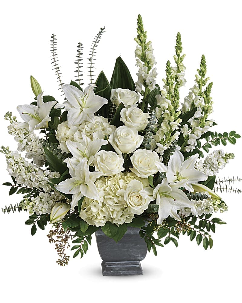 Teleflora's True Horizon Bouquet - Like the sun on the horizon this pure white bouquet of hydrangea roses and lilies offers hope and inspiration after the loss of a loved one. White hydrangea white roses white oriental lilies white snapdragons and white stock are arranged with huckleberry seeded eucalyptus spiral eucalyptus green ti leaves and lemon leaf. Delivered in a Modern Heritage Pot.