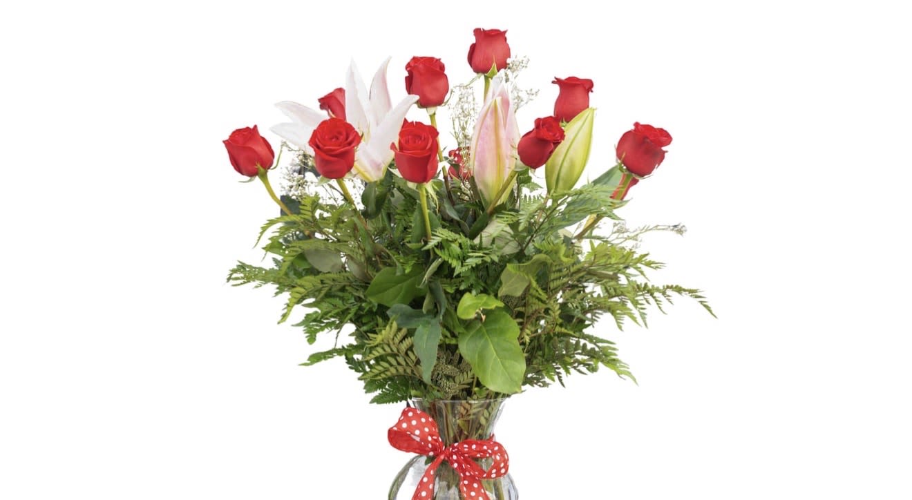Love Love Rose Arrangement  - One dozen Ecuadorian roses with lily’s. 