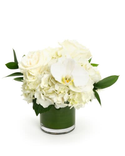 Low white rose, hydrangea, and orchid arrangement in a clear glass cylinder vase.