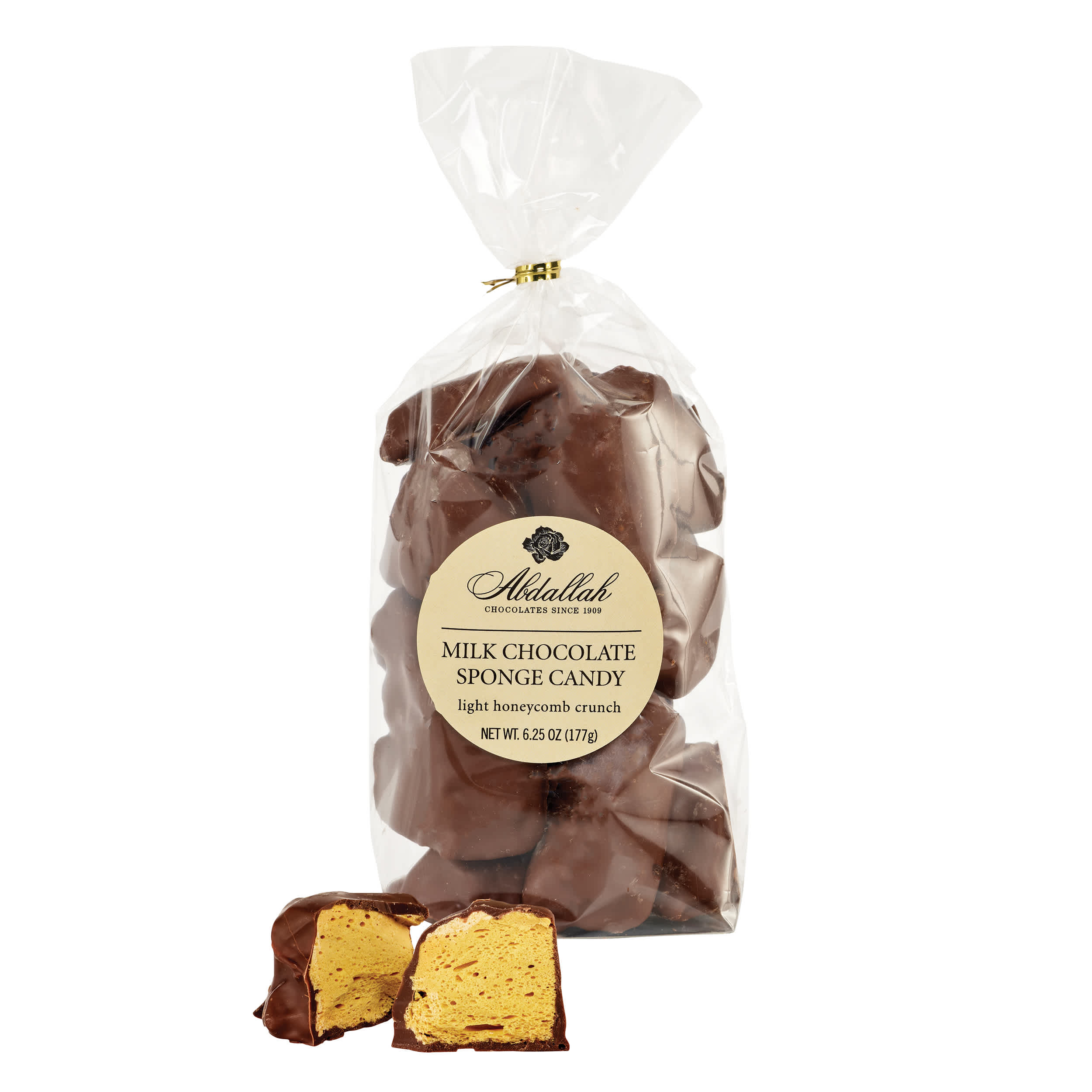 Bag of milk chocolate sponge candy with label and two cut pieces showing golden honeycomb center
