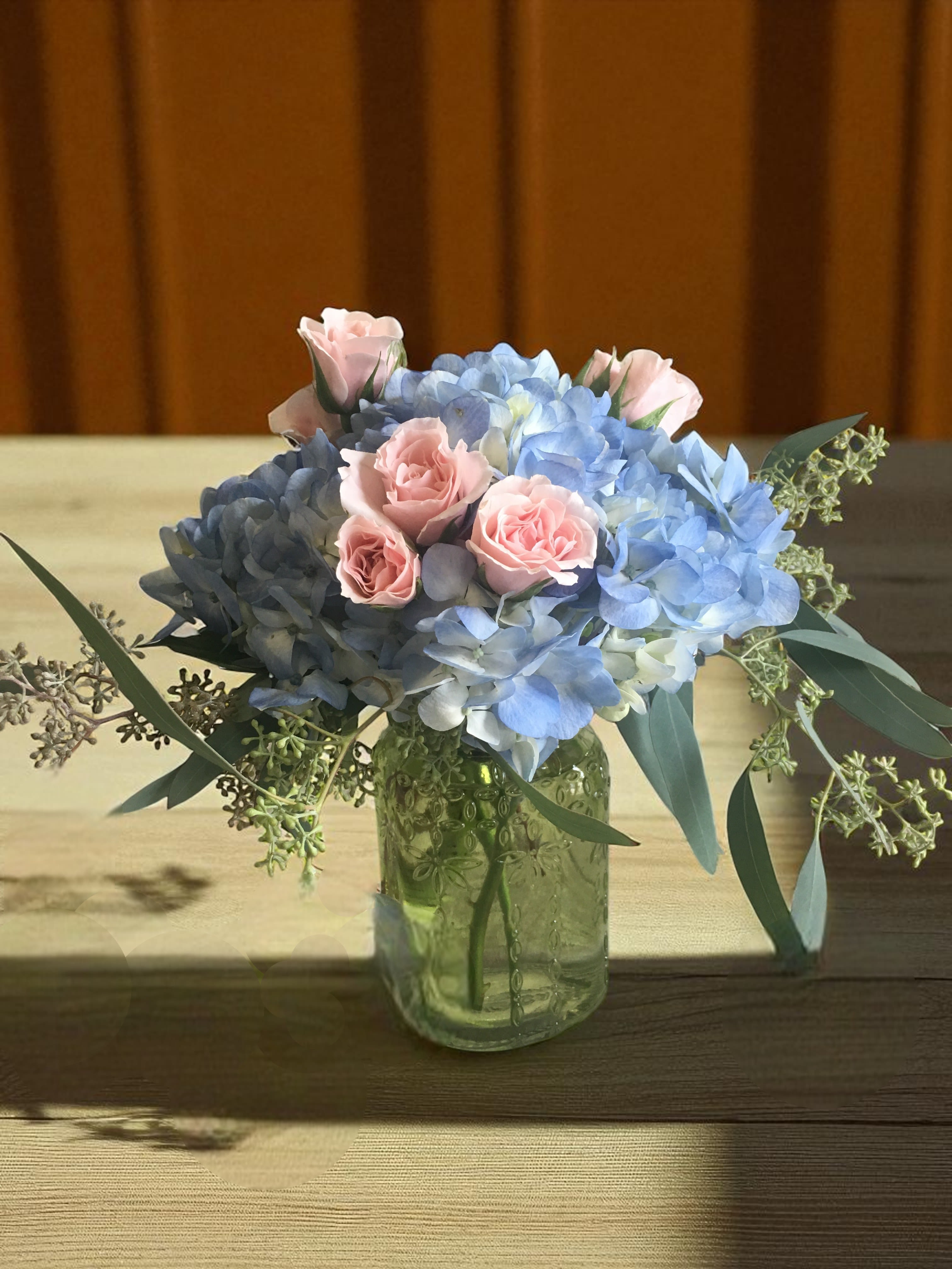 Sweet Southern Belle - Hydrangea and Roses delicately fill a mason jar / vase. Sweet and simply picked and gathered, graced with southern elegance. Color of vase &amp; flowers will vary to make each and every one unique &amp; special! (All designs are arranged as similar as possible. We promise to keep the same color, style, and overall theme with what Mother Nature generously blesses us with)