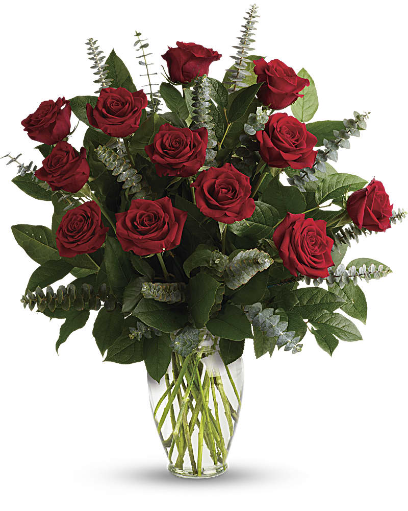 Tall arrangement of long-stem red roses with eucalyptus in a clear glass vase.