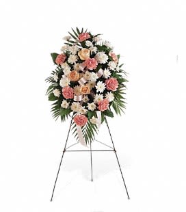 Gentle Thoughts Spray - Expertly crafted with vibrant pink carnations, delicate white cushion, and accentuated with beautiful roses and greenery, the Gentle Thoughts Spray is a stunning tribute to your loved ones. Adorned with a charming pink ribbon, this piece is presented on an elegant easel for a heartfelt and elegant display.
