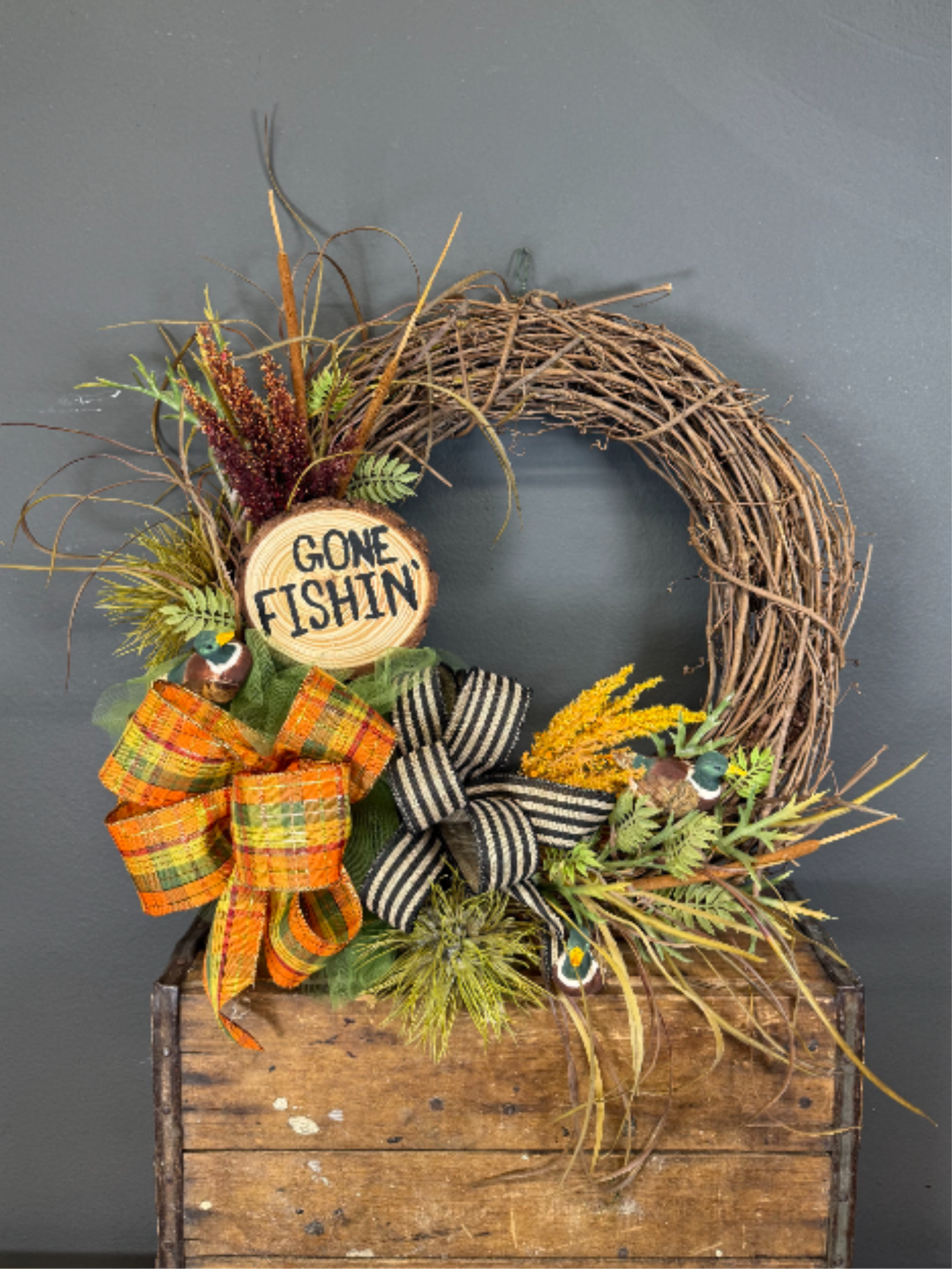 Gone Fishin' Silk Wreath - Add a little lake life to your door! This silk wreath is perfect for any outdoors persons door. 